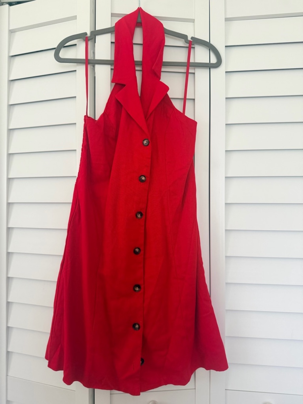 Red Button-Front Halter Dress